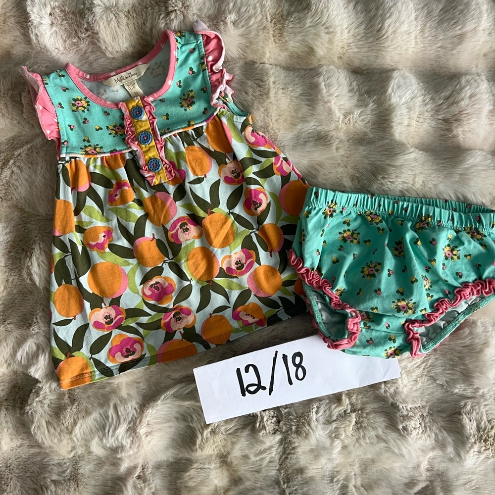 Matilda Jane Teal and Pink peach/fruit Diaper Cover/Bloomer Set size 12/18